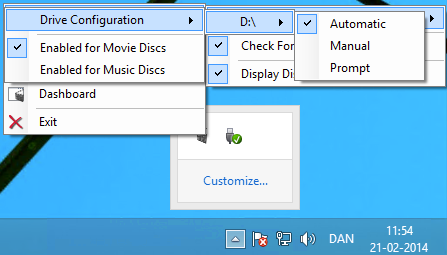 Through the My Movies Tray application, the user have quick access to drive configuration, allowing for configuration of manual or fully automated disc copying.